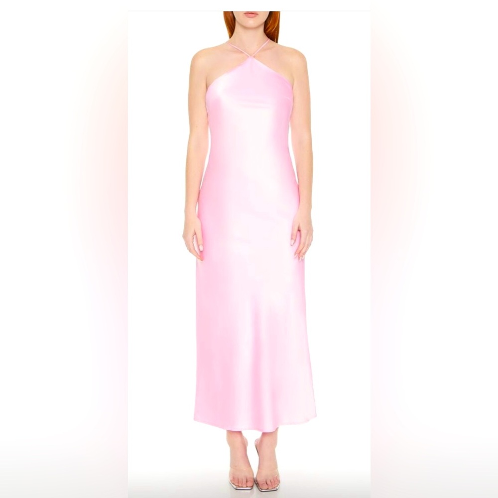 A satin slip dress featuring a halter neckline that forms a Y-back design